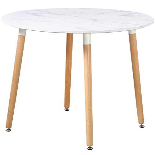 Charles Jacobs 100cm Circular Dining Table With White Marble Effect Tabletop and Solid Beech Wood Legs