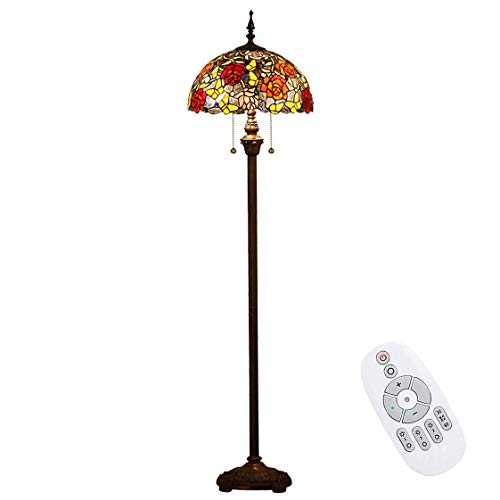 OKMIJN Style Reading Floor Lamp Dimmable Stained Glass Lampshade with Remote Control Antique Arched Base Decorate Bedroom Living Room Lighting Table