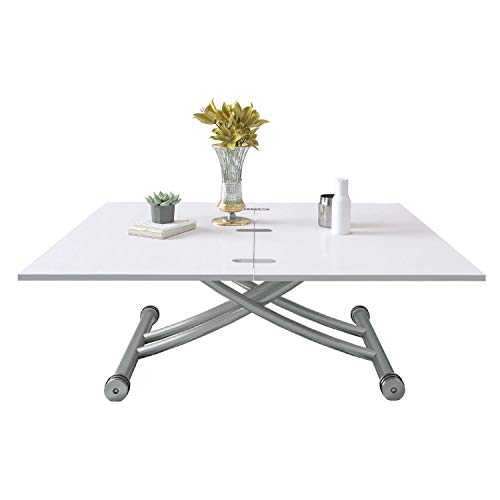 Dining Table,Wooden White Folding Table Coffee Table Wheeled X Lift Camping Table Modern Adjustable Lift Square Dining Table