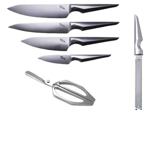 Edge of Belgravia ARONDIGHT Stainless Steel Pack of 4 Metallic Chef Knife Set with Stainless Steel Scissors + Zester & Cheese Grater…