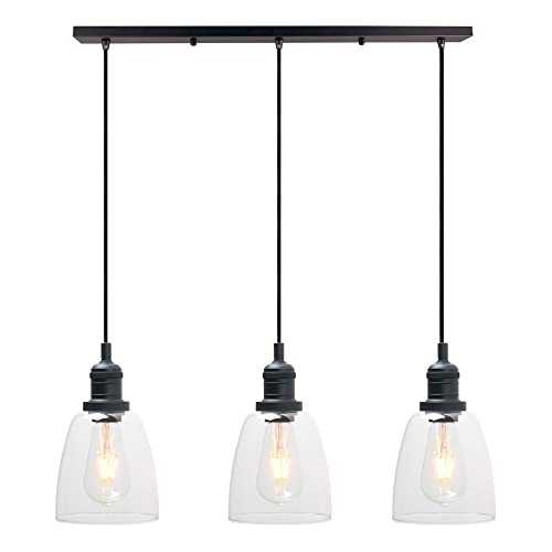 Phansthy Retro 3 Head Chandelier Pendant Light with 2m Adjustable Hanging Cord Bell Glass Shade Ceiling 3 Light Modern Hanging Lamps for Kitchen Bar Bedroom Living Room Dining Room (Black)