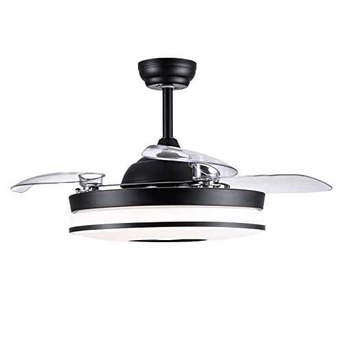 Silent Ceiling Fan with Lamp Retractable Fan Blades, LPPO 42" LED Invisible Fan with Light and Remote Control, Modern LED Light Fan for Bedroom Dining Room Black