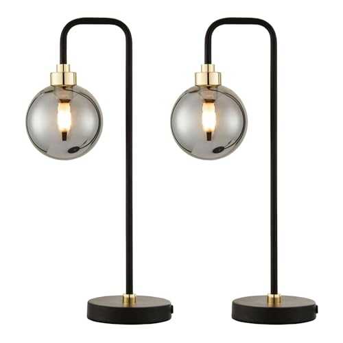 Pair of Retro Modern Design Black Table Lamps or Bedside Lights Black Table Lights Smoked Glass Shades Brass Details LED Compatible