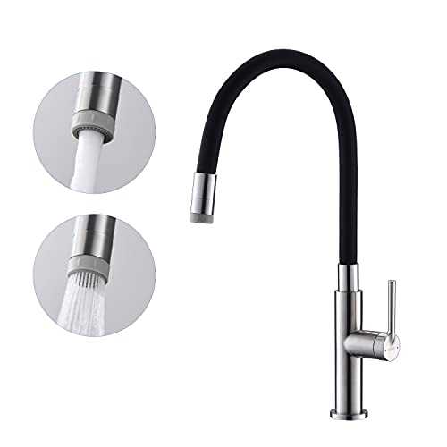 KENES Kitchen Mixer Tap, Kitchen Taps with Black Silicone Hose, Kitchen Taps with Two Water Outlet Modes, Bendable & 360° Rotatable Kitchen Sink Taps, Brushed Finish