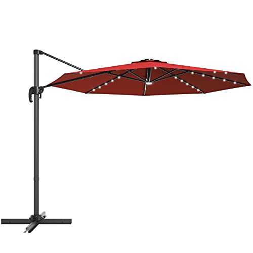 CASART 3m Patio Cantilever Parasol, Tilt Offset Umbrella Roma Parasol with LED Lights, Crank Handle and Cross Base, Outdoor Hanging Sun Shade Canopy for Garden Backyard Pool (Wine Red)