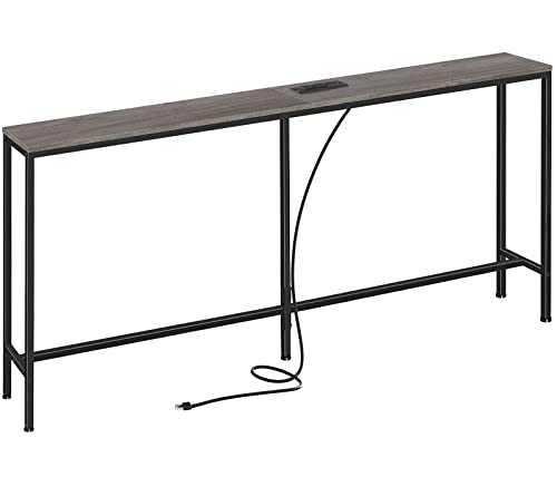 SUPERJARE 70 Inch Console Table with Outlet, Sofa Table with Charging Station, Narrow Entryway Table, Skinny Hallway Table, Behind Couch Table Skinny for Entryway, Living Room - Charcoal Gray