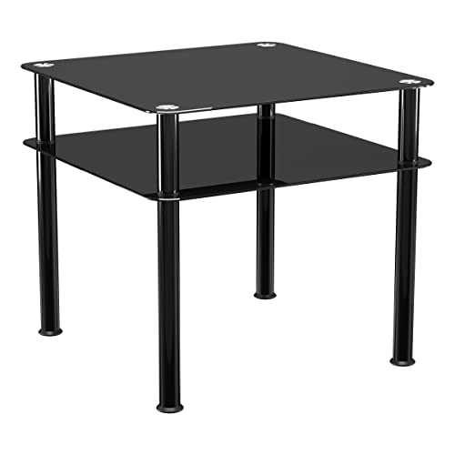 mahara Black Side Table/End Table with Shelf -Tempered Safety Glass Coffee Table - Small Table W60cm x D60cm x H55cm - Small Side Table Living Room Furniture/Office Furniture