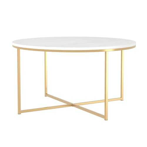 Eden Bridge Designs 91cm Round Mid Century Modern Coffee Table with X-Base for Living Room /Office decoration, Metal, Glass/Gold/Faux Marble