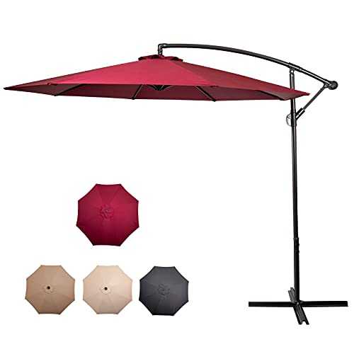 CAMORSA Cantilever Garden Parasol, 3M Patio Umbrella with Crank Handle Waterproof UV Protection, Parasol for Outdoor Sun Shade, Bordeaux