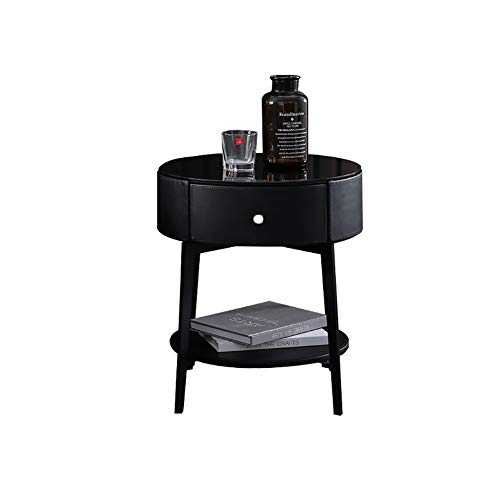 Accent Table Nightstand Bedroom Bedside Table Nordic Wrought Iron Round Bedroom Leather Art Bedside Cabinet Tempered Glass Locker Two Drawer Cabinet Small Table (Color : Black)