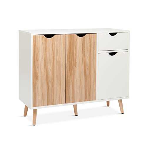 Mondeer Sideboard, Cupboard Storage Cabinet with 3 Doors and 1 Drawer Modern Free Standing Wooden 90x 74x 30cm for Living Room Bedroom Kitchen, Oak and White