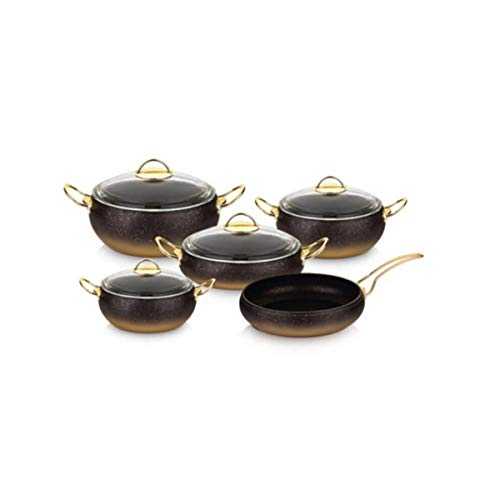 OMS Cookware 9 Piece Non Stick Granite Copper Set Glass Lids Black Gold Casserole Pan Pot - Essential, Pots and Pans Set