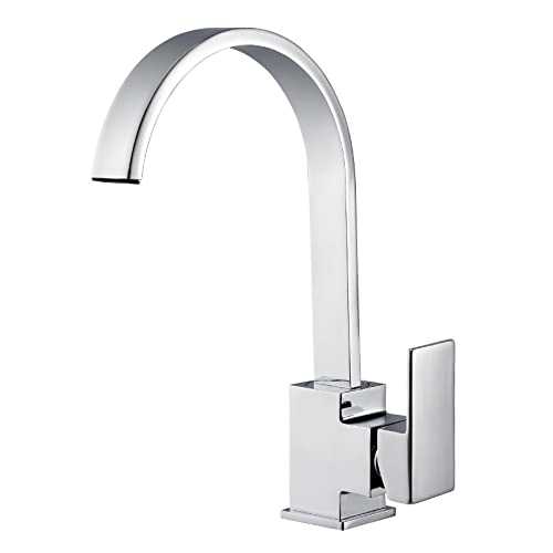 Hapilife Kitchen Sink Taps Mixer Solid Brass Chrome Finish, Modern Square Flat Spout 360 Degree Swivel Waterfall Effect, Monobloc Faucet for Single Lever, with Flexible Hoses with Fittings