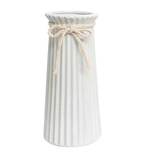 White Ceramic Ribbed Vases for Minimalist Modern Home Decor, Decorative Flowers Vase for Wedding Dinner Table Office Bedroom - 7.5 Inch / 20 CM