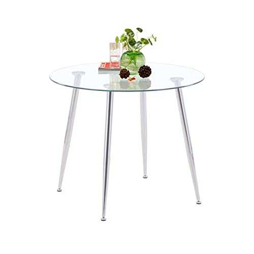GOLDFAN Glass Round Dining Table Modern Living Room Kitchen Dining Tables with Chrome Legs for Dining Room Office Lounge
