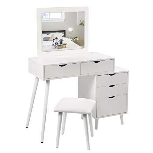 WOLTU Dressing Table Cosmetic Table White with Dressing Stool Makeup Mirror Vanity Bedroom Dresser Set 2 Drawers & Bedside table for Ample Storage MB6059ws