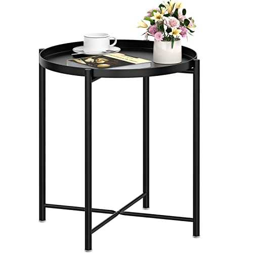OVICAR Metal Tray End Table, Round Accent Coffee Side Table, Anti-Rust and Waterproof Outdoor Small Side Table, Indoor Modern Sofa Side Table Bedside Table for Living Room Bedroom Balcony (Black)