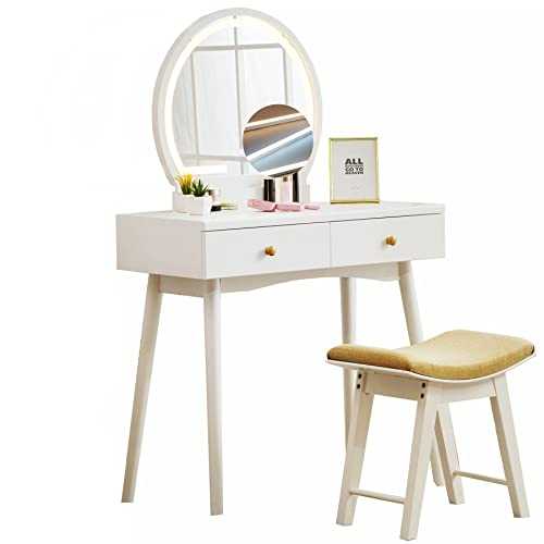 AINPECCA White Dressing Table with LED Mirror and Stool,White Vanity Table with Drawers and Adjustable LED Large Storage Drawers Comfortable Dressing Stool