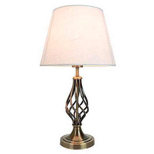 Traditional Antique Brass Table Lamp with Barley Twist Metal Base and Ivory White Linen Shade | 60w Maximum | Ideal for Bedside Lamps by Happy Homewares