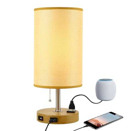 Depuley USB Bedside Table Lamp, Nightstand Lamp with 2 USB Charging Ports and One AC Outlet,Round (Khaki) Fabric Shade,Modern Bedroom Lamp for Living Room,Reading,Office,Kids