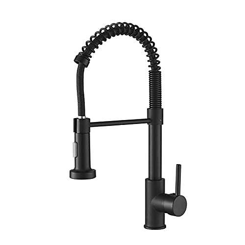 BESy Kitchen Sink Mixer Tap with Pull Down Sprayer, Brass High-Arc Single Handle Single Lever Spring Rv Kitchen Taps , 2 Function Laundry Faucet, Matte Black