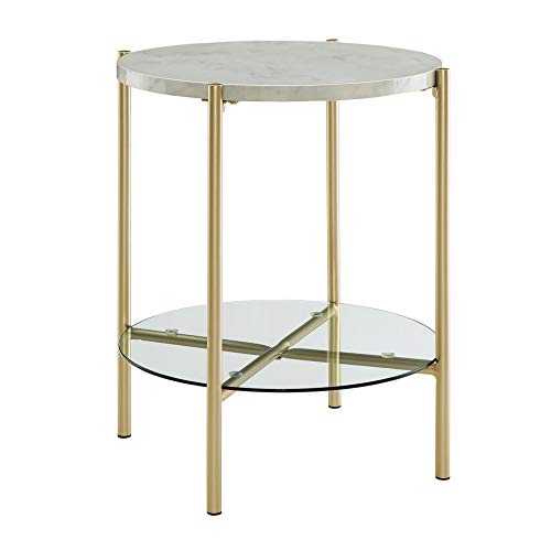 Eden Bridge Designs Modern Round Side Table/ Sofa Table/ Nightstand for Living Room or Bedroom - White Marble & Gold