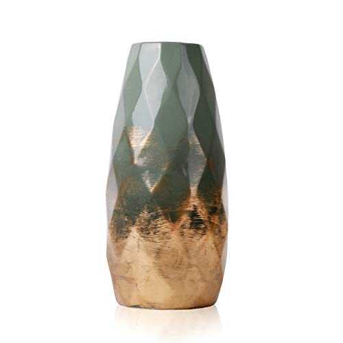 TERESA'S COLLECTIONS Modern Vase for Flowers, Geometric Green Gold Ceramic Vase for Pampas Grass, Pottery Decorative Vase for Living Room, Home Decor, Mantel, Table, Shelf, Bedroom, 23cm Tall