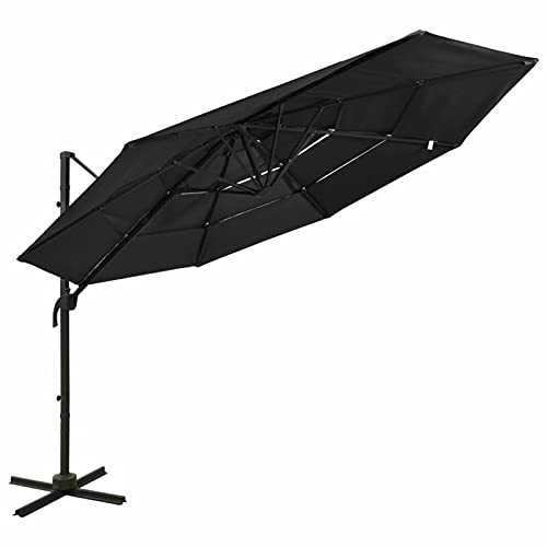 Festnjght 4-Tier Parasol Durable Outdoor Patio Sunshade Cover Garden Beach Umbrella Sun Shelter with Aluminium Pole Black 3x3 m