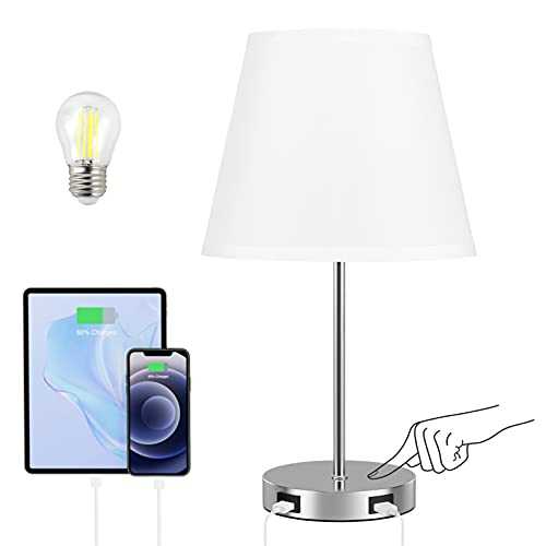 Seealle USB Touch Table Lamps with 2 USB Charging Ports, 3-Way Dimmable Bedside Lamp for Bedrooms, Mordern Touch Lamps with White Fabric Shade for Living Room (LED Bulb Included)