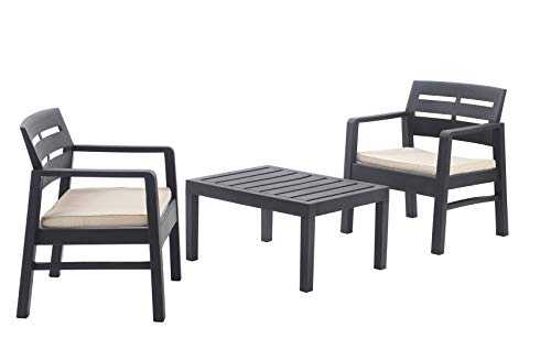 IPAE Wood Grain Effect Plastic Garden Furniture Set Table and Chairs Set Set Of 2 Large Arm Chairs and Table Patio Set Garden Set Rattan Style