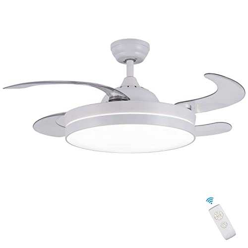 CJOY Ceiling Fan with Light, Ceiling Fan with Lamps Retractable, 42 Inch Ceiling Fan with Led Lighting and Remote Control Invisible 4 ABS Fan Blades Quiet White AC 220V 50 / 60Hz