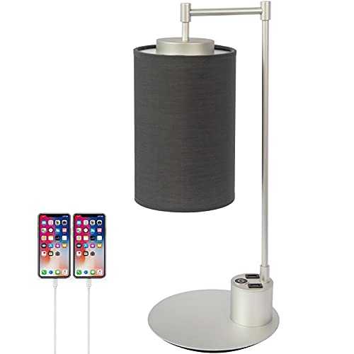 Chasebright LED Modern Fabric Table Lamp, Night Light, with Dimmable 3 Brightness Levels Warm White Brightness 3000k and Two USB Charging Ports for Bedroom, Bedside use. Grey Colors. 21W.