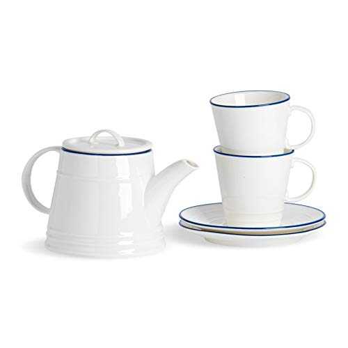Nicola Spring Farmhouse Tea Set - 900ml Teapot & Set of 2 250ml Tea Cups & Saucers - White/Blue