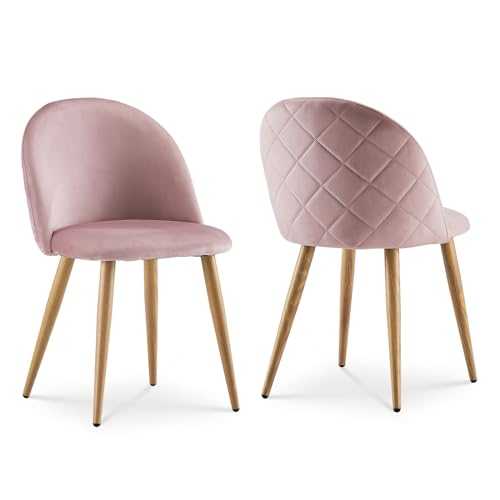 OFCASA Set of 2 Dining Chairs Velvet Fabric Upholstered Seat Kitchen Counter Chairs with Wood Painting Metal Legs for Home Living Room, Pink