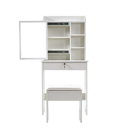 White Modern Dressing Table, Vanity Table Set with Sliding Mirror and Stool, Large Storage for Makeup