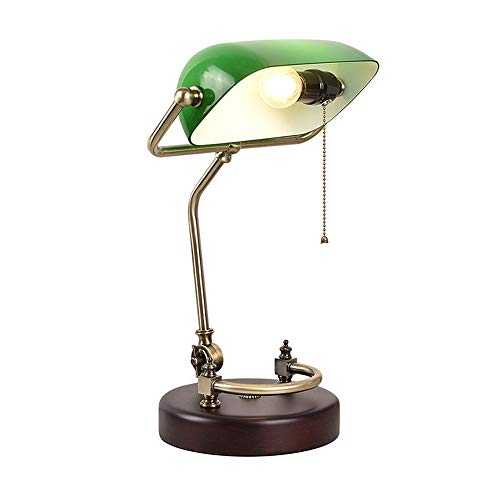 Administrative Banker's Desk Lamp American Style Simple Design Table Lamps Glass Shadow Antique Brass Bedroom Living Room Balcony Restaurant Bar Home Decoration Lighting Pull Switch (Color : Green)
