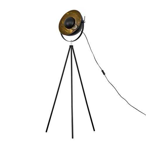Retro Tripod Style Floor Lamp in a Black Metal Finish with a Gold Interior Shade