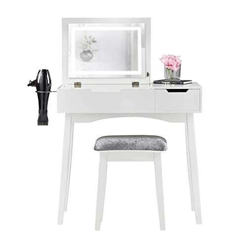 Selena White Dressing Table Flip Top LED Light Mirror Side Drawer Stool Set Vanity Dresser Bedroom Furniture Makeup Jewellery Storage White