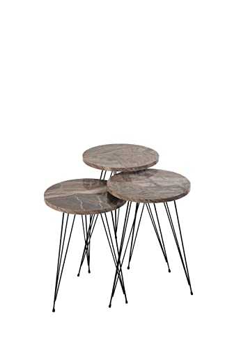 NEST OF 3 COFFEE TABLES (Grey) Grey Marble Effect with Metal Legs