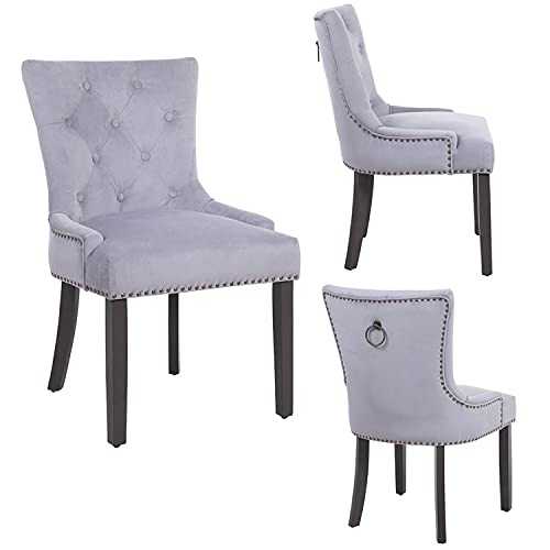 PS Global New Set of 2 Tufted Dining Chair, Elena Antique Brass Upholstered In Velvet Fabric And Padding Foam, Wood Frame With Grey Painted Legs (Light Grey)