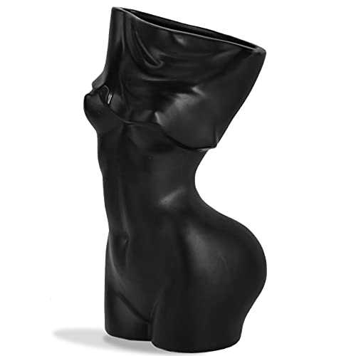 SANFERGE Art Female Form Body Ceramic Vase for Flowers, Creative Elegant Undressing Woman Sculpture for Home Decoration, 7.5 Inch, Glossy Black