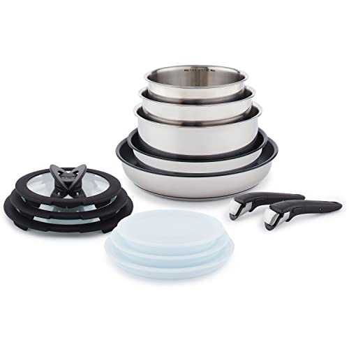 T-fal Ingenio Stainless Steel Cookware Set 13 Piece, Induction, Cookware, Pots and Pans, RV, Camping, Oven, Broil, Dishwasher Safe, Detachable Handle, Silver