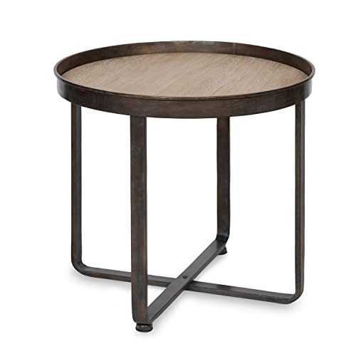 Kate and Laurel Zabel Industrial Modern End Table, 22.5 x 20.5, Natural Wood and Rustic Iron, Decorative Round Side Table with with Wrought Iron Metal Frame and White Oak Finish