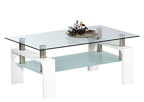 Stella Trading Mango II Coffee Table Glass in High Gloss White - Spacious Glass Table with Glass Layer for Your Living Area - 100 x 46 x 60 cm (W x H x D)