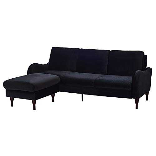 Panana 3 Seater Sofas Velvet/Linen Fabric Luxurious Corner Couch with Footstool Left or Right Chaise Settee for Lounge Living Room (Black-Velvet Fabric)
