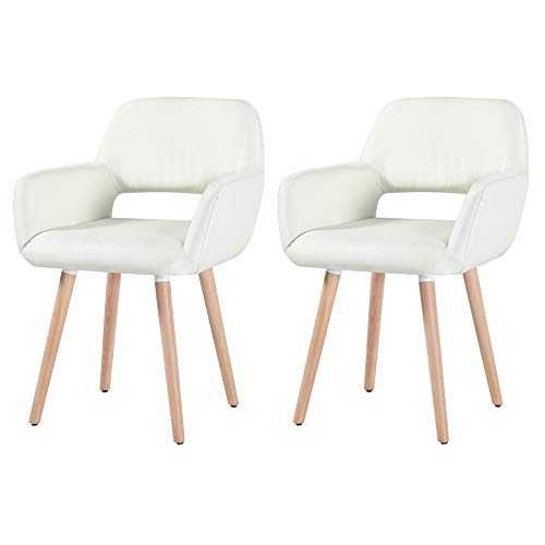 OUNUO Set of 2 Linen Dining Chairs Upholstered Seat Counter Chairs Lounge Leisure Arms & Backrest and Solid Wood Legs for Kitchen,Dining Room,Living Room,Restaurant (Beige)