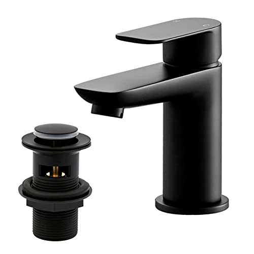 Black Basin Taps with Pop Up Waste, BATHWEST Modern Monobloc Chrome Brass Matte Black Bathroom Sink Taps for Basin with Drainer 922MB