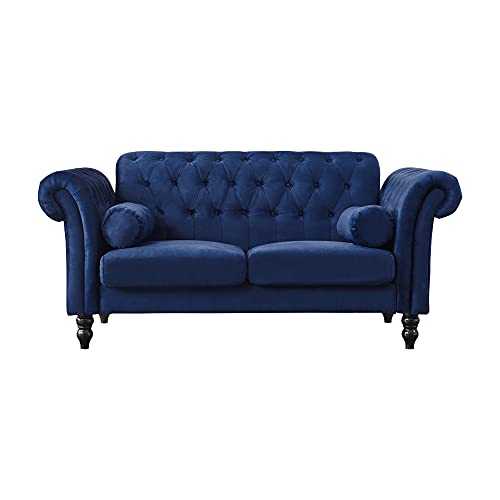 Chesterfield Style 2 Seater Sofa Velvet Fabric Sofa Settee Couch For Living Room with Solid Wooden Legs and Bolster Cushions (Blue, 2 Seater)