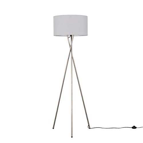 Modern Brushed Chrome Metal Tripod Floor Lamp with a Pale Grey Cylinder Shade