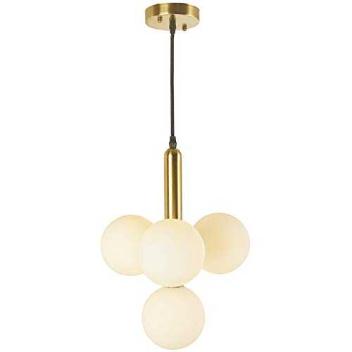 BAODEN 4 Lights Modern Globe Pendant Light Fixture Mid Century Chandelier G9 Base Brushed Brass Finished with White Globe Glass Lampshade Dining Kitchen Living Room Bedroom Lighting (Gold)